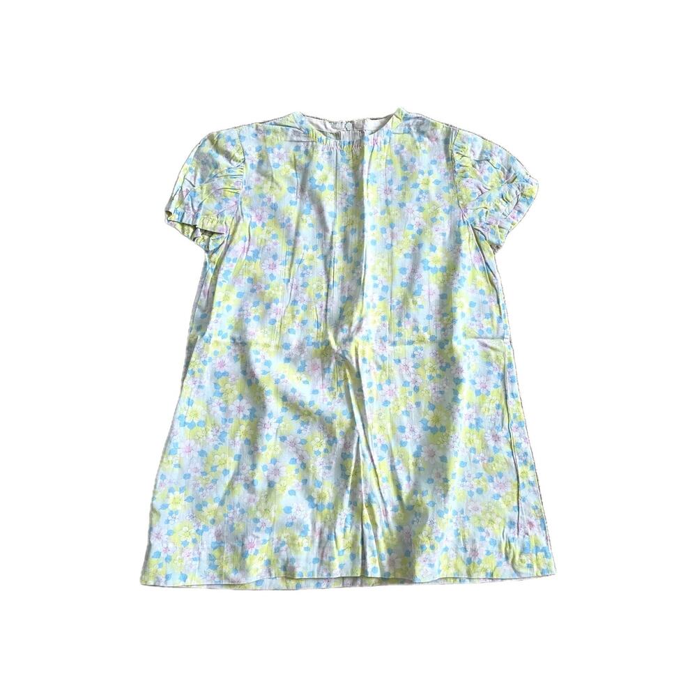 Vintage Floral Peasant Dress Girls Size 4 Puff Sleeve Green Blue Cottagecore